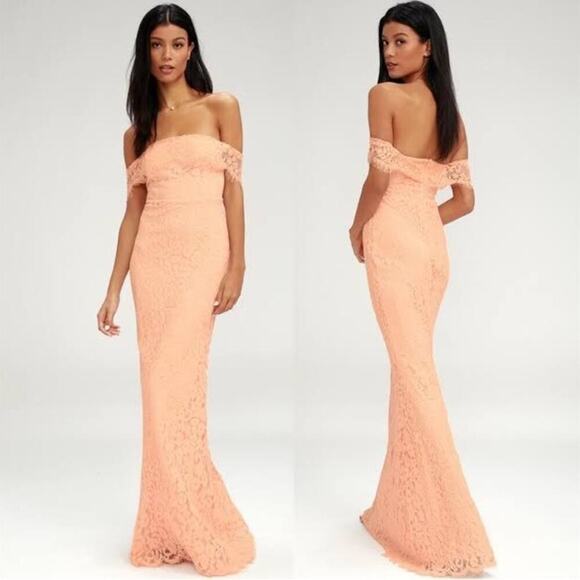 Lulu’s peach romantic heart off shoulder lace mermaid maxi gown dress medium - Picture 1 of 7